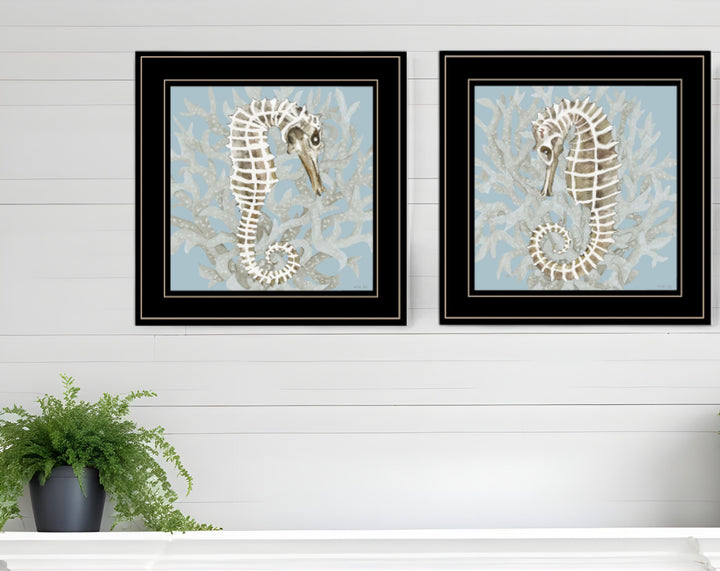 Set Of Two Coral Seahorse 1 Black Framed Print Wall Art