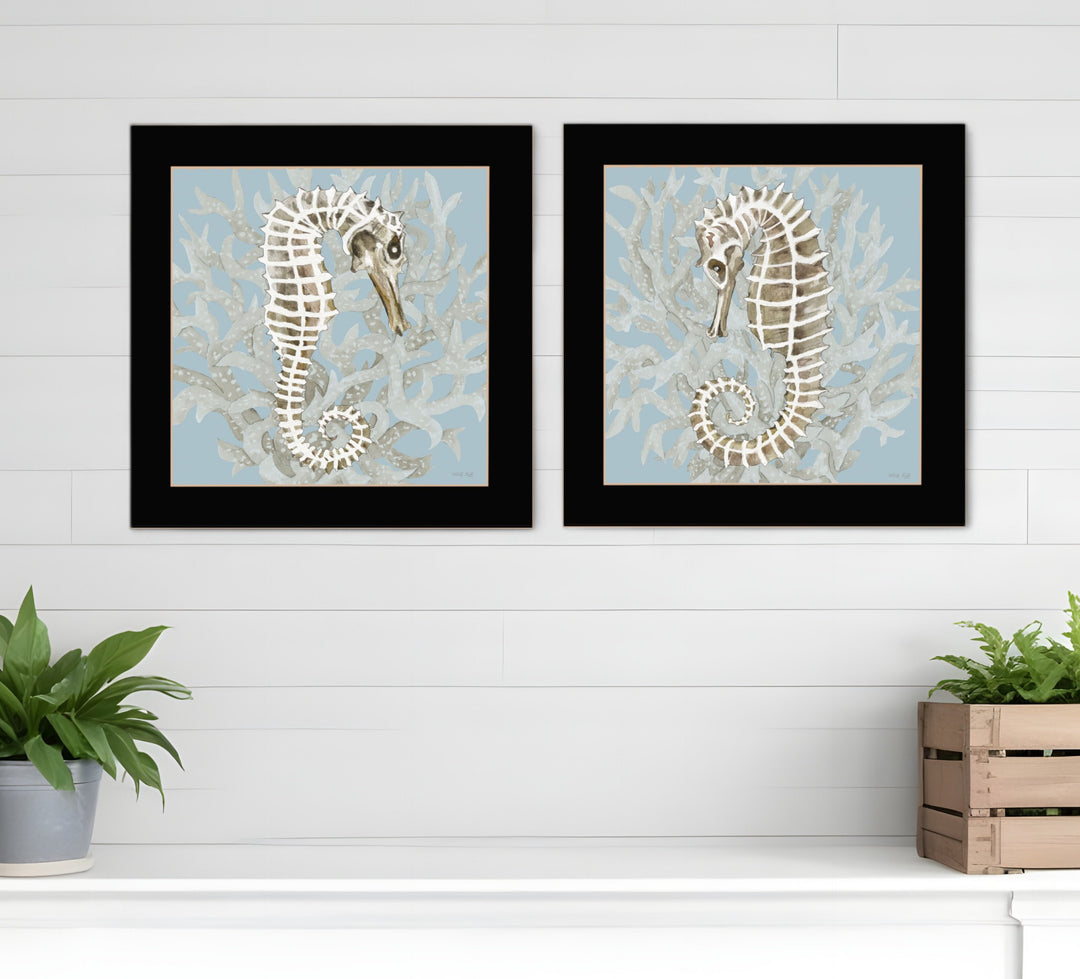 Set Of Two Coral Seahorse Black Framed Print Wall Art