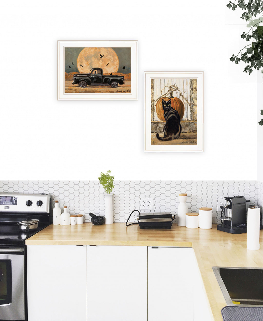 Set Of Two Harvest Moon with A Black Cat and Truck 1 White Framed Print Kitchen Wall Art