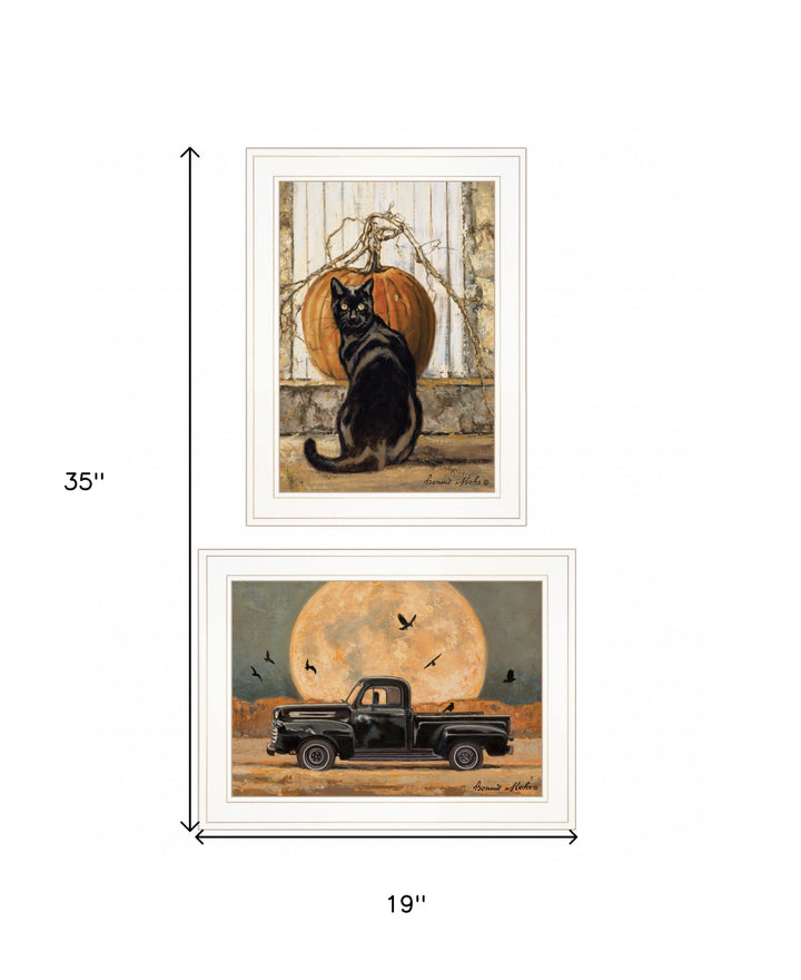 Set Of Two Harvest Moon with A Black Cat and Truck 1 White Framed Print Kitchen Wall Art