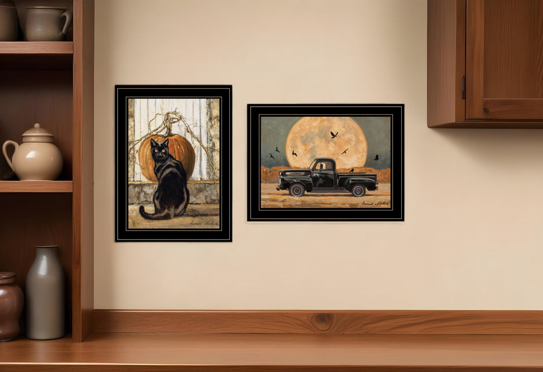 Set Of Two Harvest Moon with A Black Cat and Truck 2 Black Framed Print Kitchen Wall Art