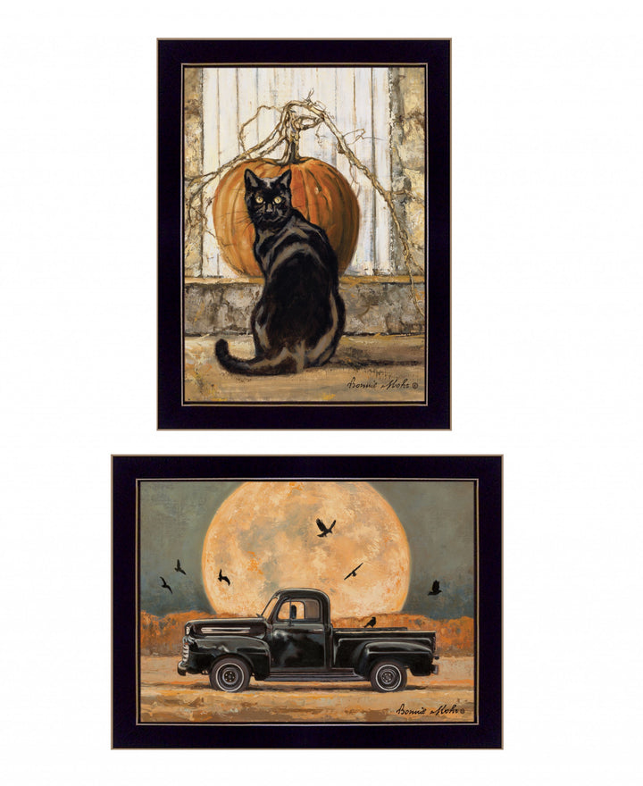 Set Of Two Harvest Moon with A Black Cat and Truck 2 Black Framed Print Kitchen Wall Art