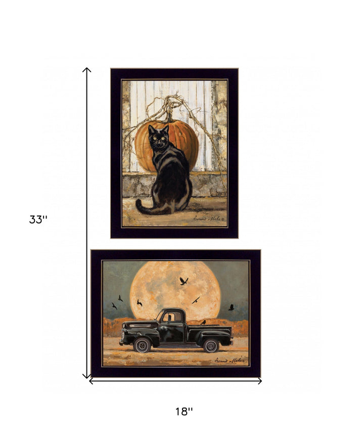 Set Of Two Harvest Moon with A Black Cat and Truck 2 Black Framed Print Kitchen Wall Art