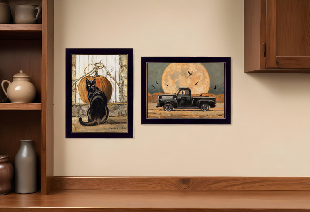 Set Of Two Harvest Moon with A Black Cat and Truck 2 Black Framed Print Kitchen Wall Art