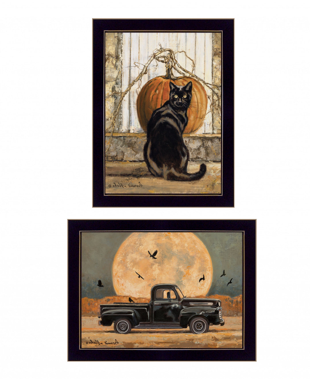 Set Of Two Harvest Moon with A Black Cat and Truck 2 Black Framed Print Kitchen Wall Art