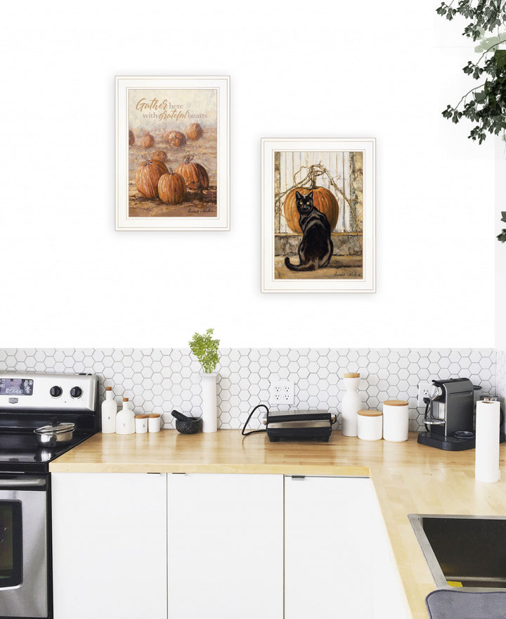 Set Of Two Pumpkins with A Black Cat 1 White Framed Print Wall Art