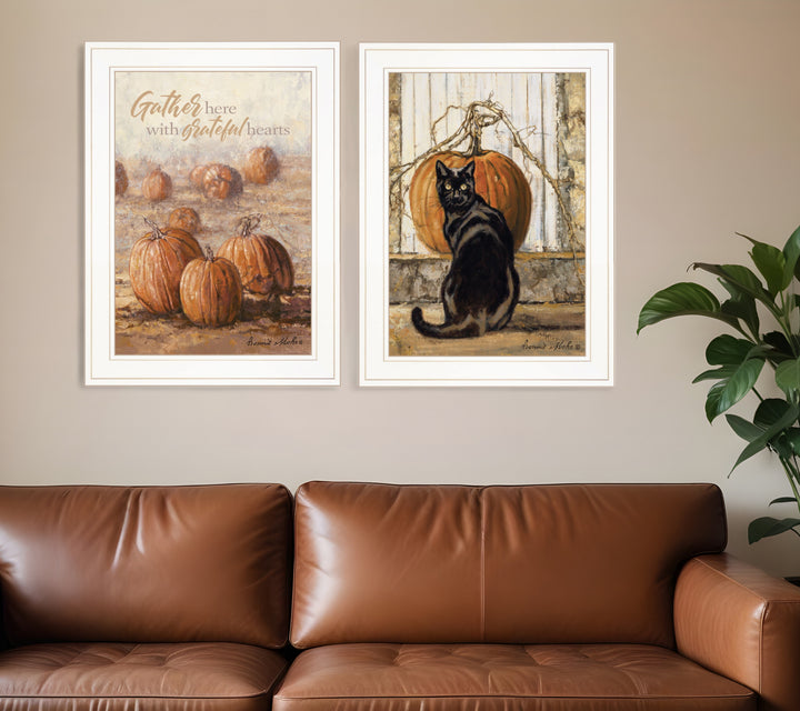 Set Of Two Pumpkins with A Black Cat 1 White Framed Print Wall Art