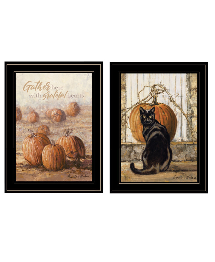 Set Of Two Pumpkins with A Black Cat 1 White Framed Print Wall Art