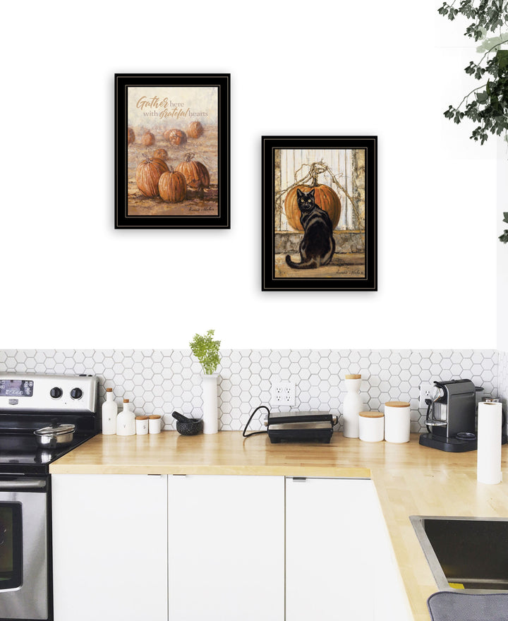 Set Of Two Pumpkins with A Black Cat 1 White Framed Print Wall Art