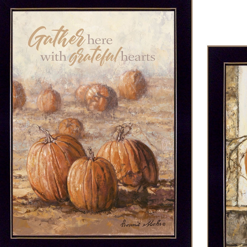 Set Of Two Pumpkins with A Black Cat Black Framed Print Wall Art