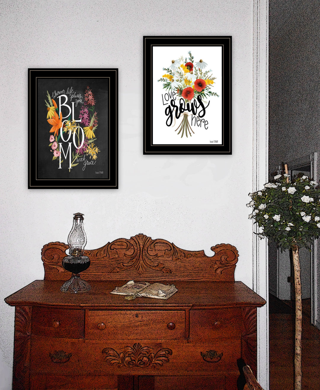 Set Of Two Love and Bloom Black Framed Print Wall Art