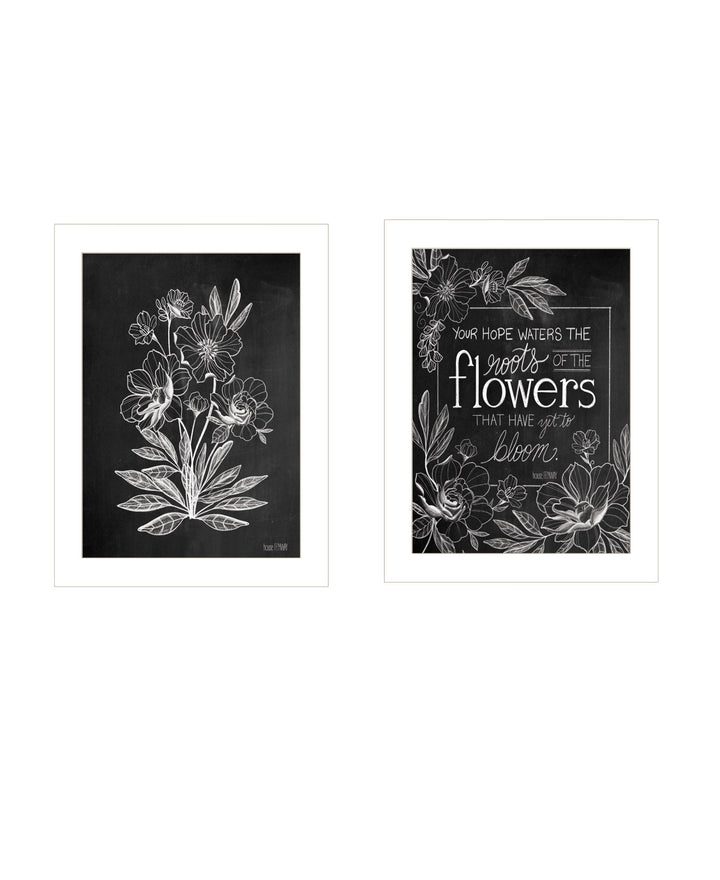 Set Of Two Black and White Flowers in Bloom White Framed Print Wall Art