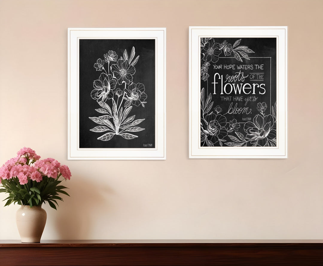 Set Of Two Black and White Flowers in Bloom White Framed Print Wall Art