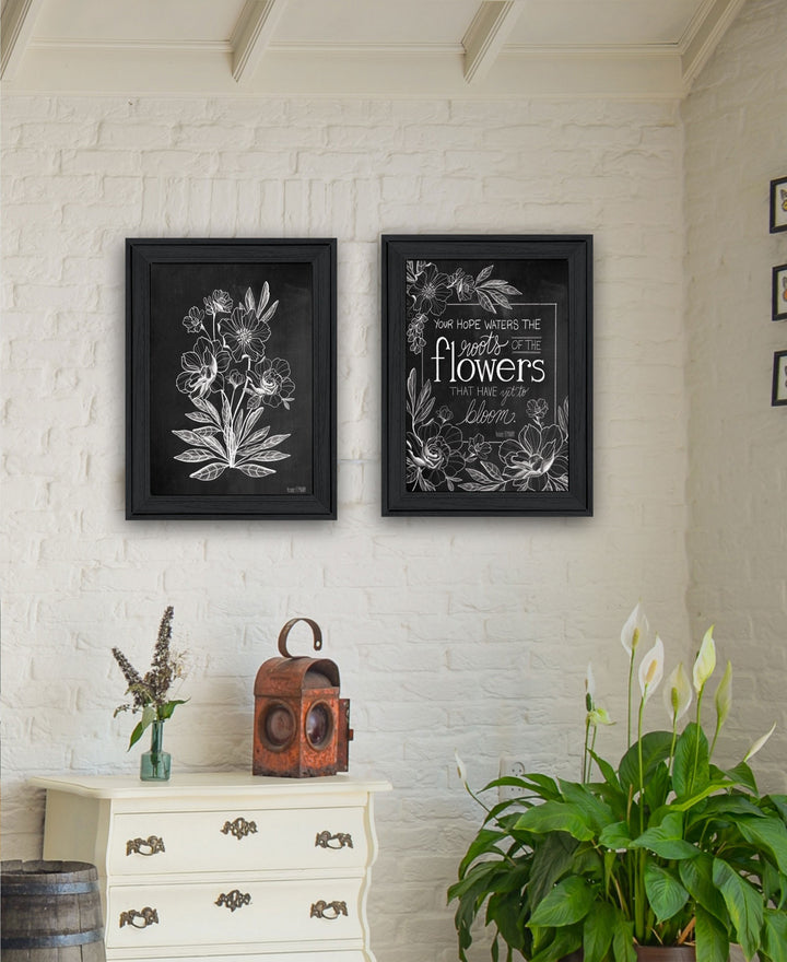 Set Of Two Black and White Flowers in Bloom White Framed Print Wall Art