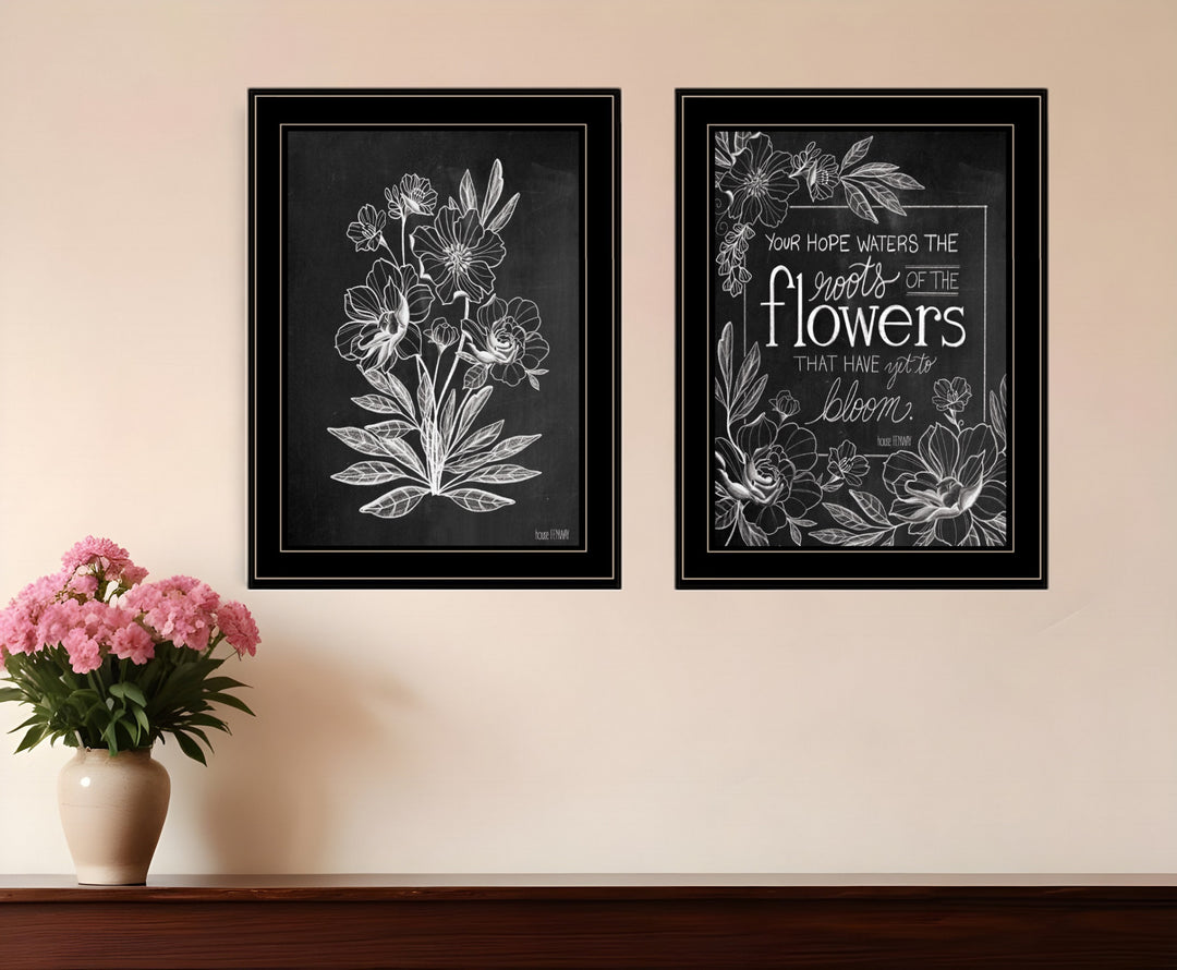 Set Of Two Black and White Flowers in Bloom White Framed Print Wall Art