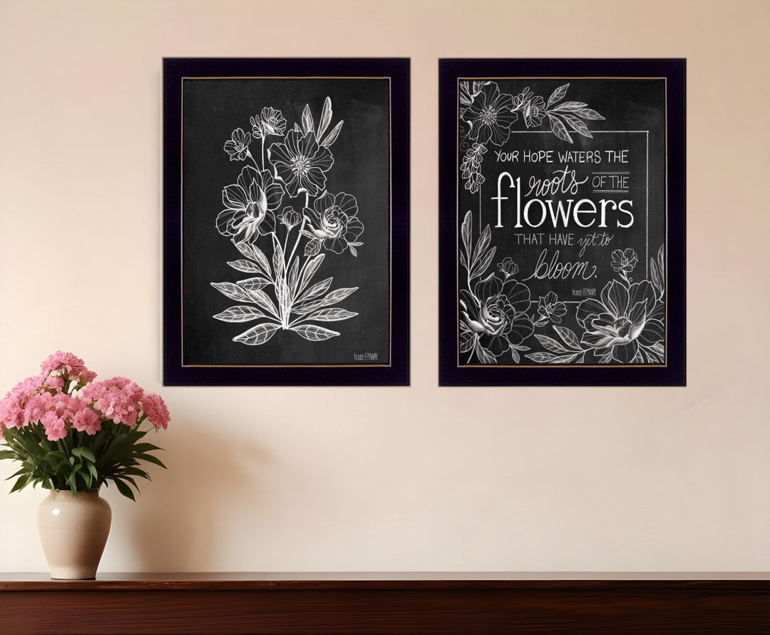 Set Of Two Vintage Flowers in Bloom Black Framed Print Wall Art