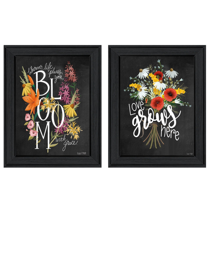 Set Of Two Love Grows Here Black Framed Print Wall Art