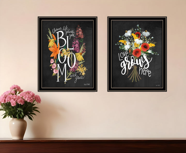 Set Of Two Love Grows Here Black Framed Print Wall Art