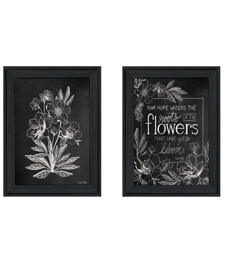 Set Of Two Vintage Chalkboard Blooms Black Framed Print Wall Art