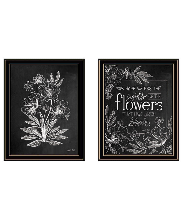 Set Of Two Vintage Chalkboard Blooms Black Framed Print Wall Art