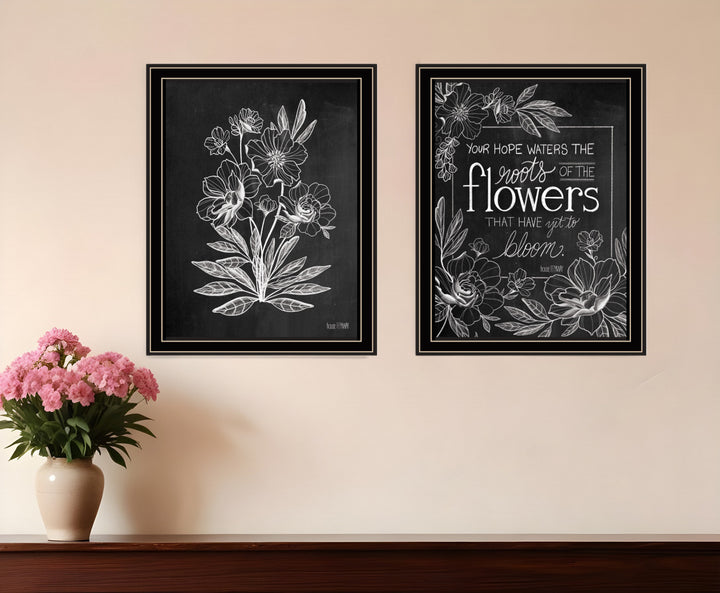 Set Of Two Vintage Chalkboard Blooms Black Framed Print Wall Art