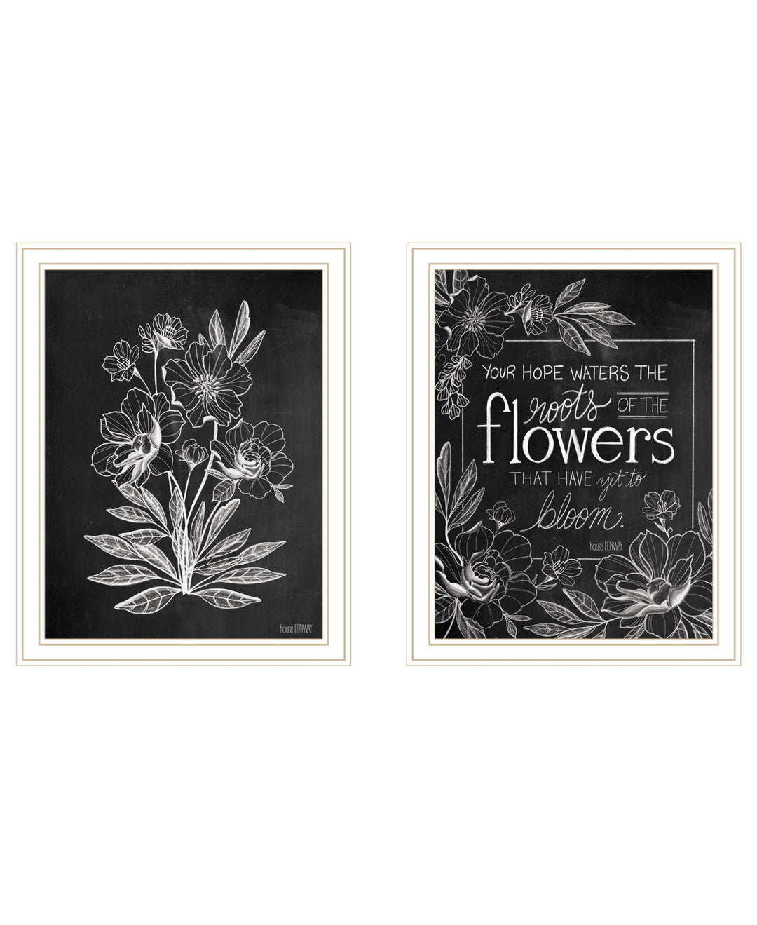 Set Of Two Vintage Chalkboard Blooms Black Framed Print Wall Art