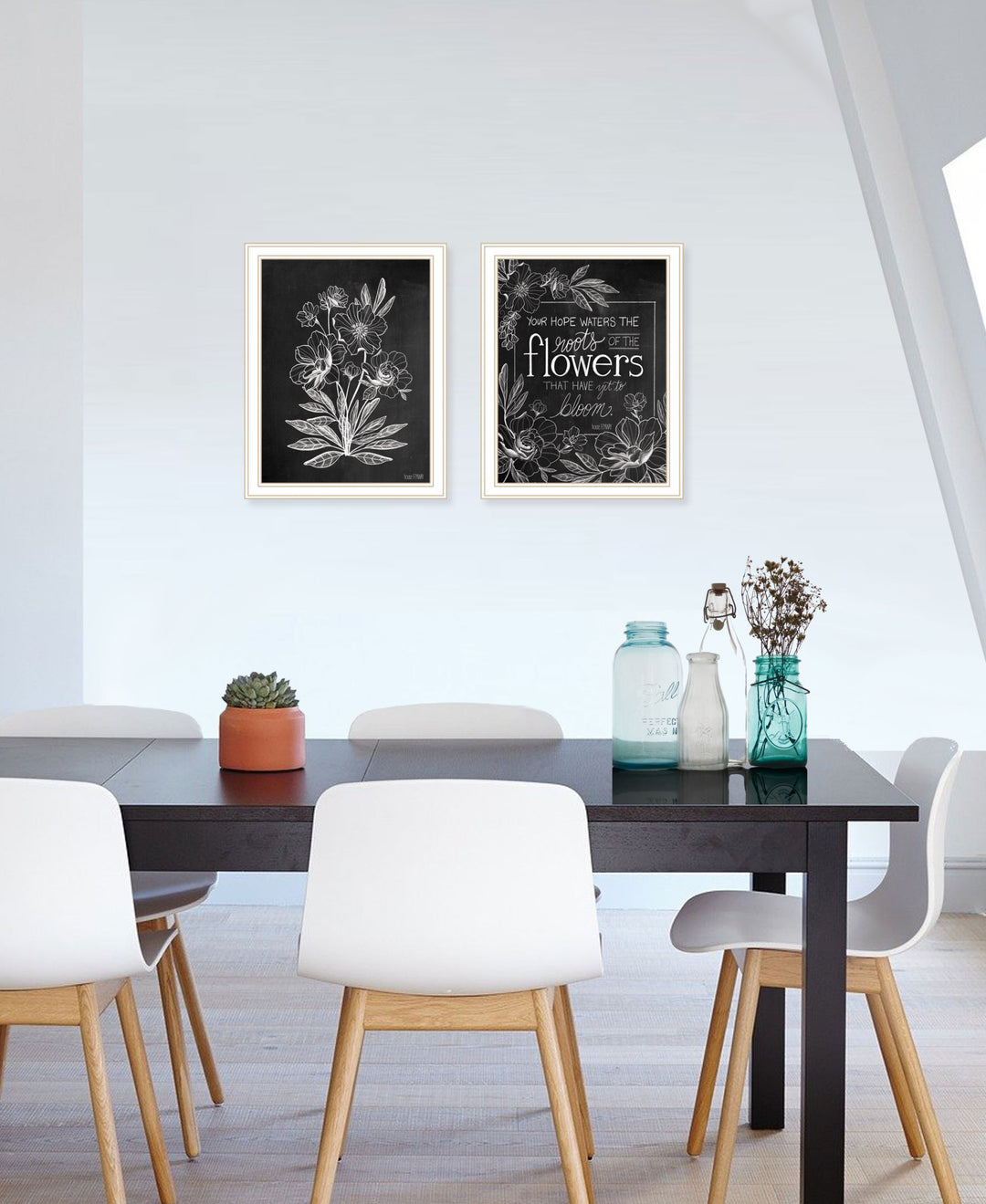 Set Of Two Vintage Chalkboard Blooms Black Framed Print Wall Art