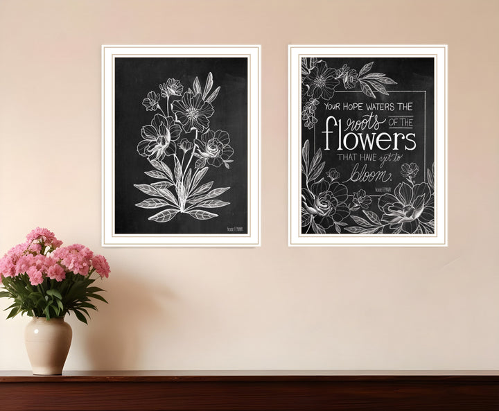 Set Of Two Vintage Chalkboard Blooms Black Framed Print Wall Art