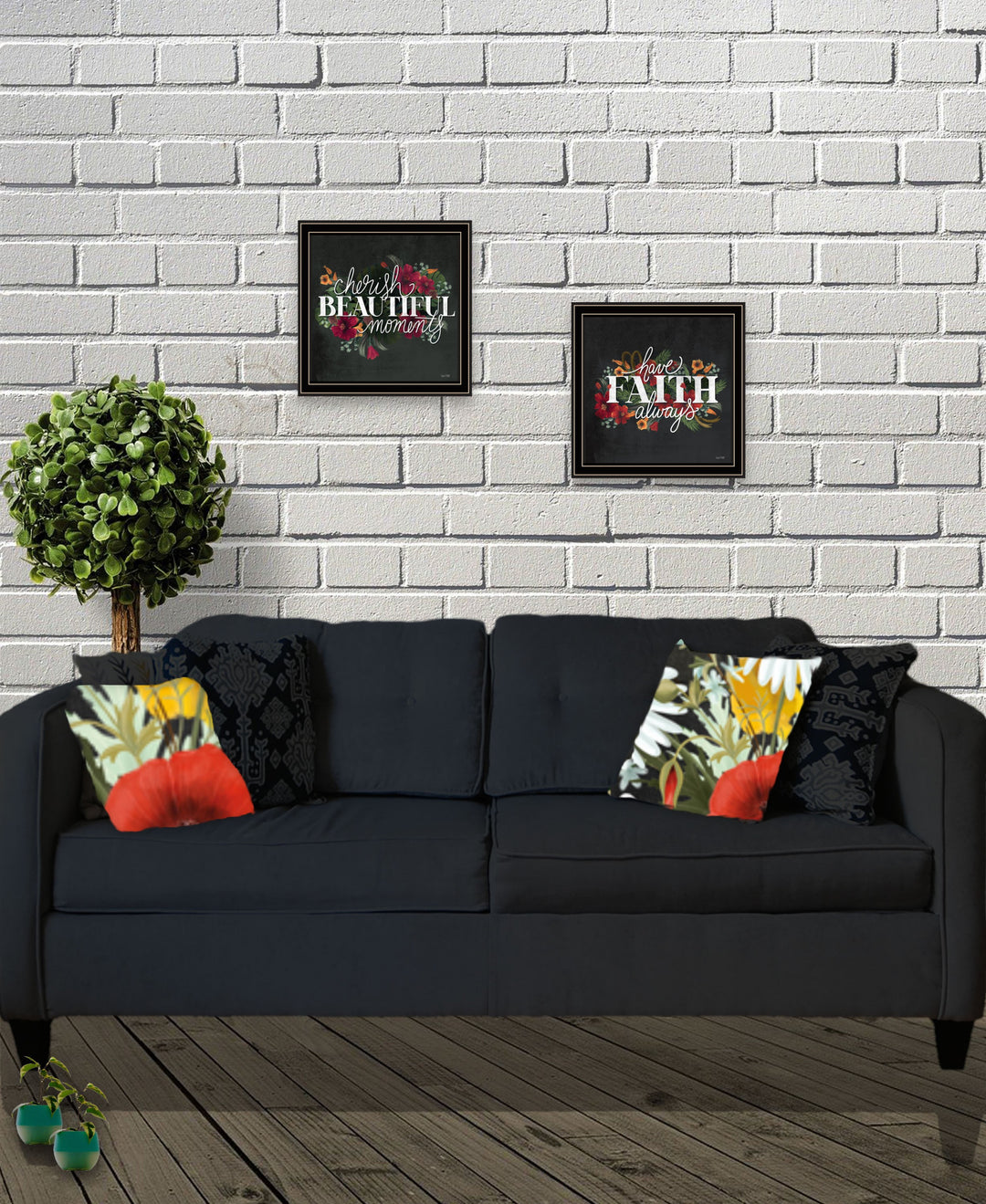 Set Of Two Cherish and Have Faith 2 Black Framed Print Wall Art