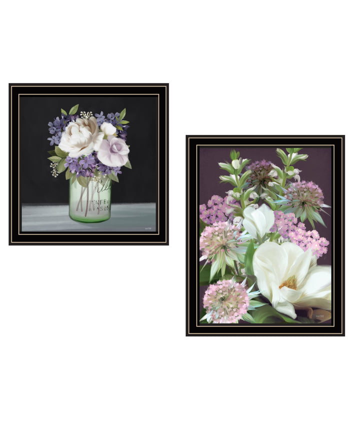 Set Of Two Lilac and Wild Plum Bouquet Black Framed Print Wall Art