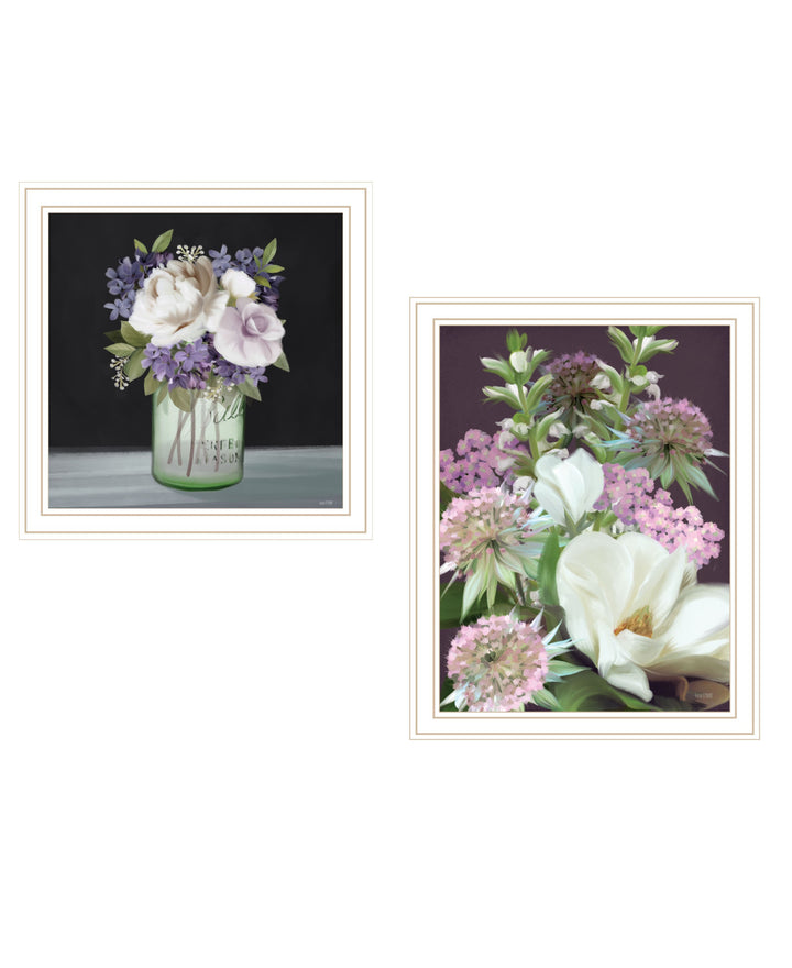 Set Of Two Lilac and Wild Plum Bouquet Black Framed Print Wall Art