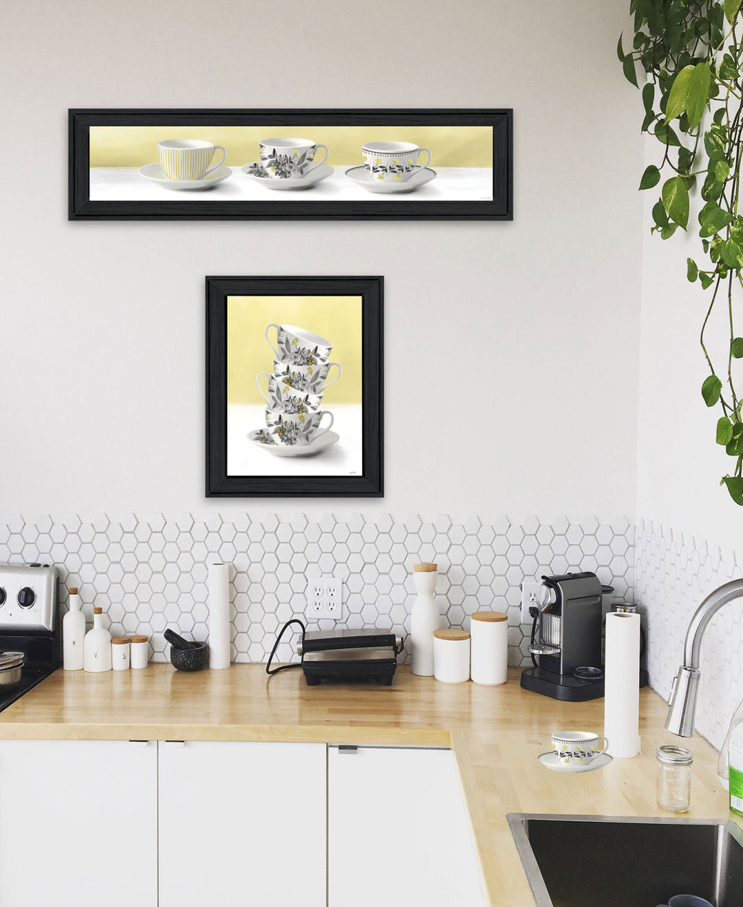 Set Of Two Teacups Black Framed Print Kitchen Wall Art