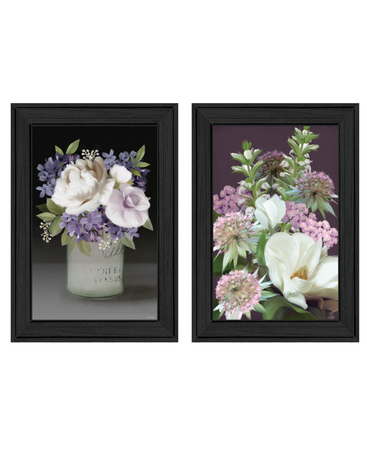 Set Of Two Lilac and Wild Plum Bouquet Black Framed Print Wall Art