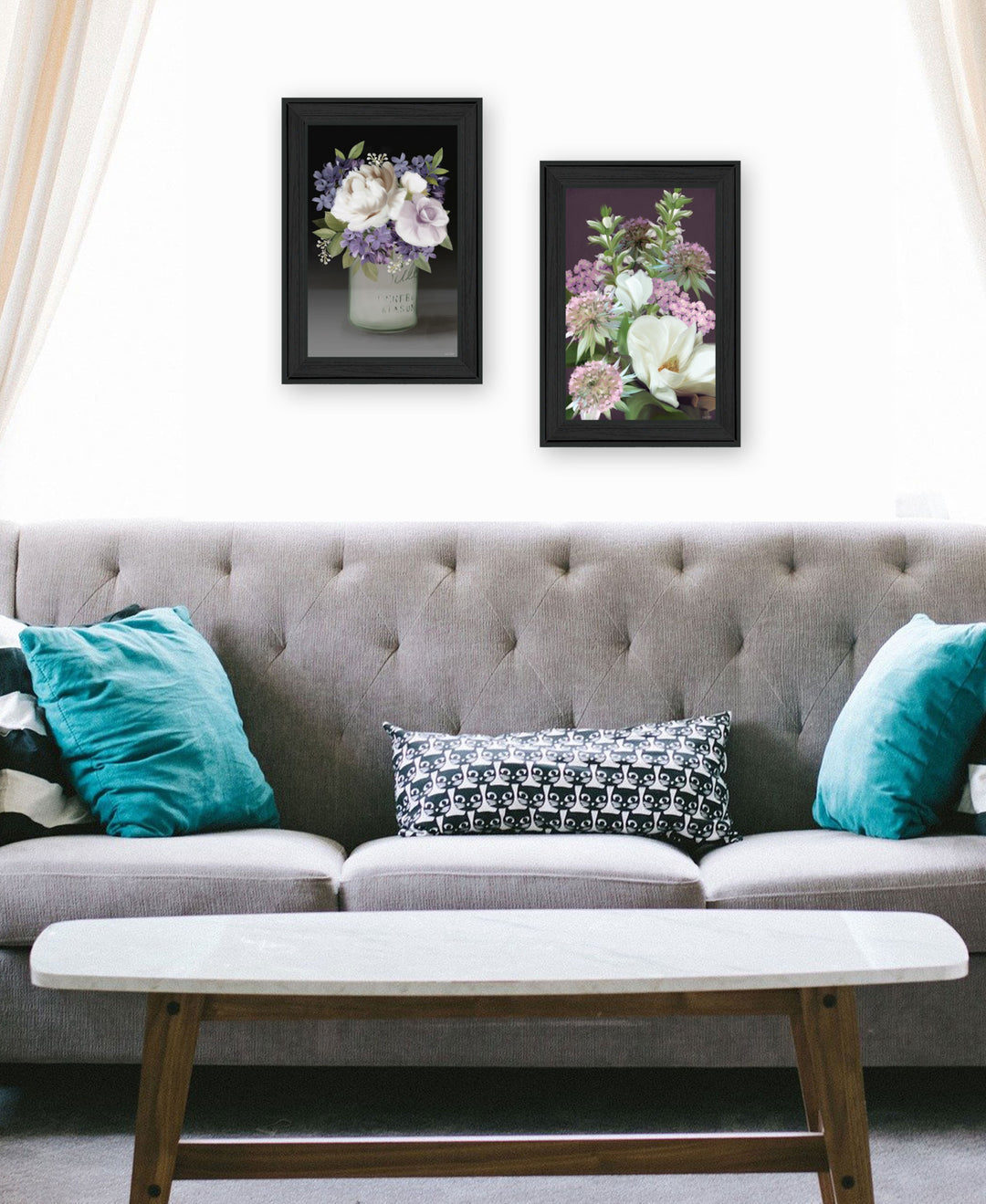 Set Of Two Lilac and Wild Plum Bouquet Black Framed Print Wall Art