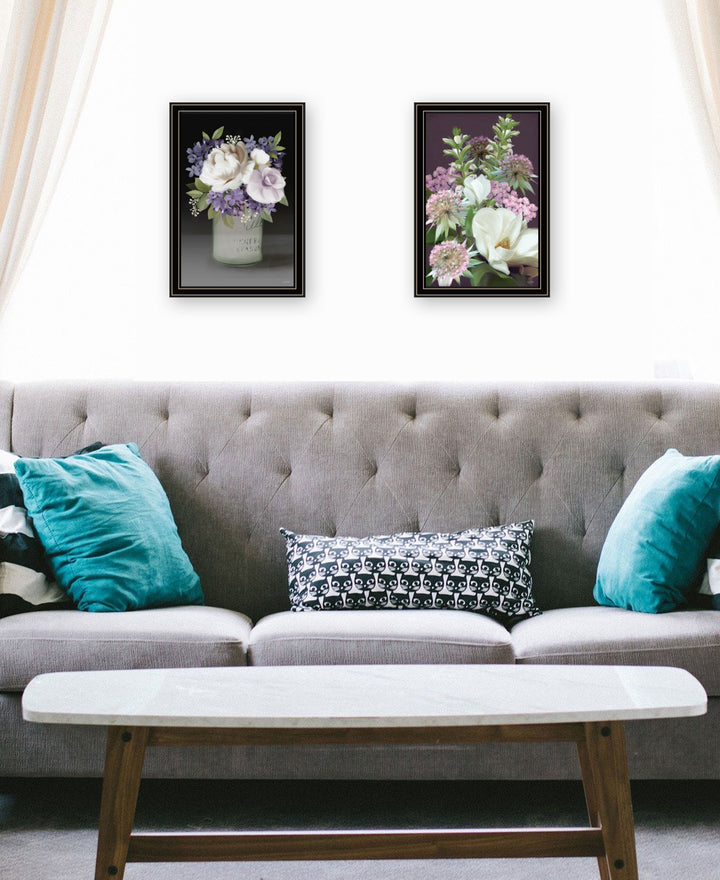 Set Of Two Lilac and Wild Plum Bouquet Black Framed Print Wall Art