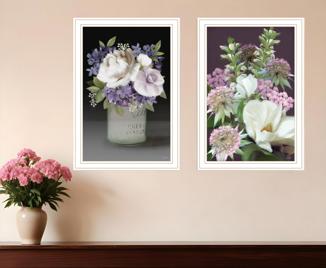 Set Of Two Lilac and Wild Plum Bouquet White Framed Print Wall Art