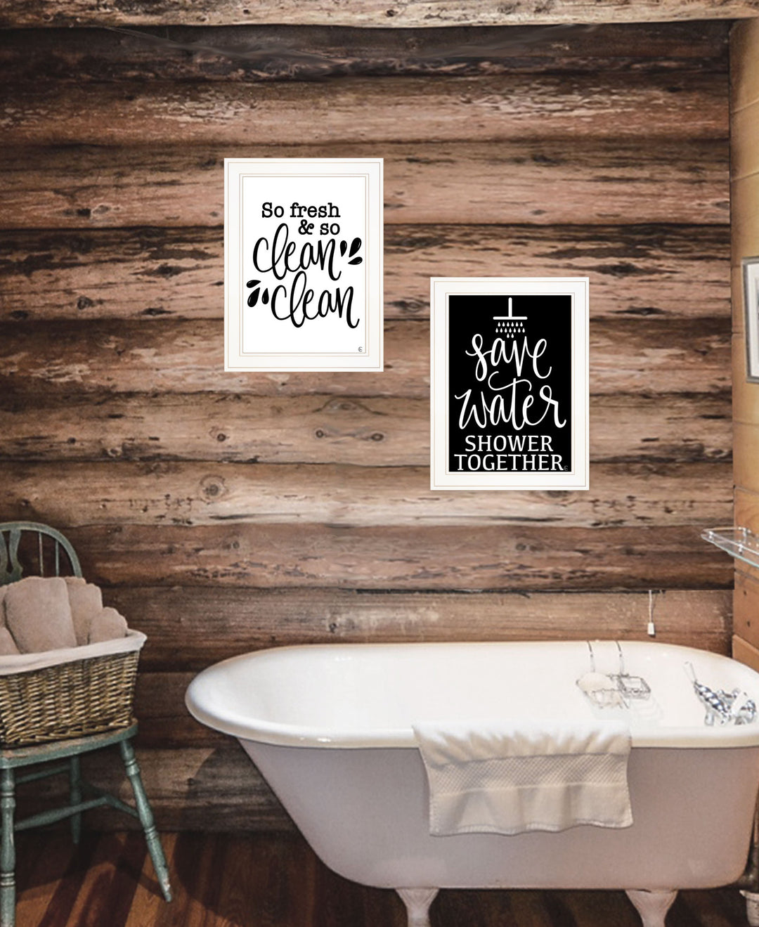 Set Of Two Clean or Shower Together White Framed Print Bathroom Wall Art