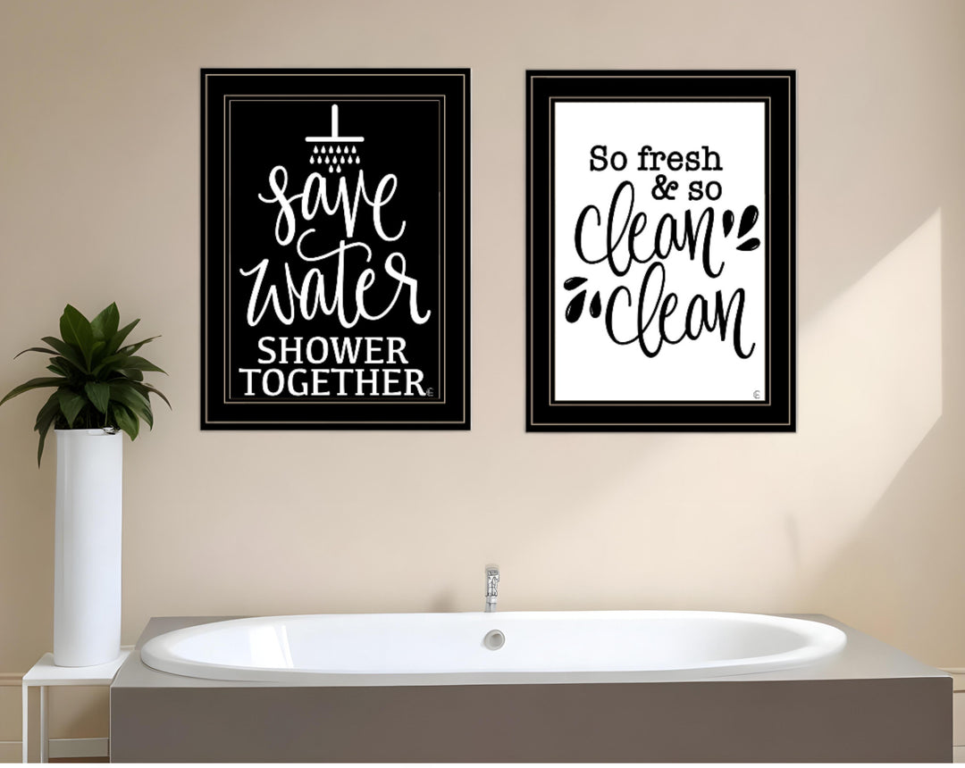 Set Of Two Clean or Shower Together Black Framed Print Bathroom Wall Art