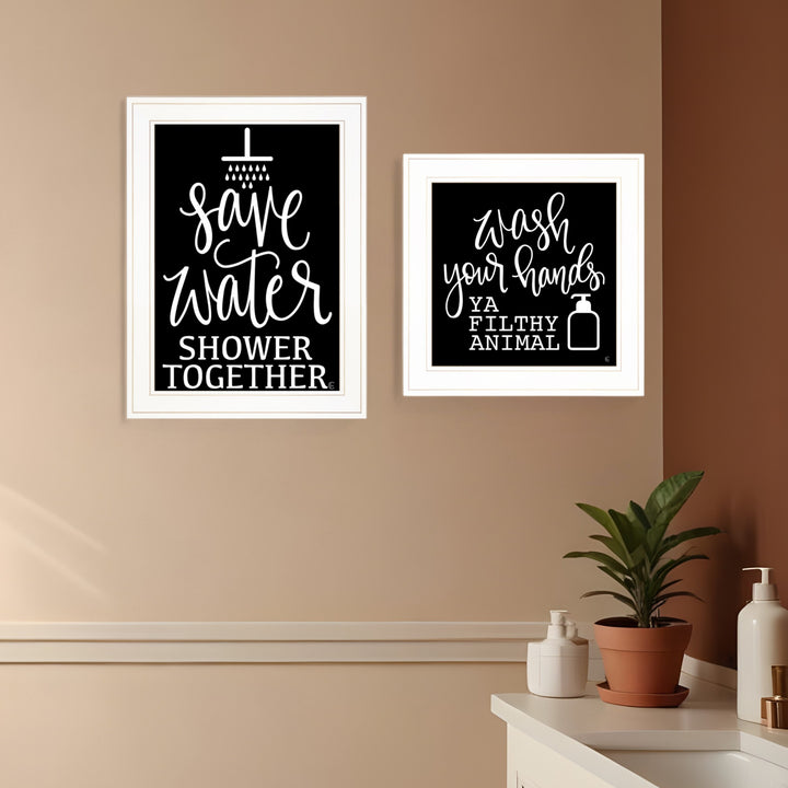 Set Of Two Wash Up White Framed Print Bathroom Wall Art