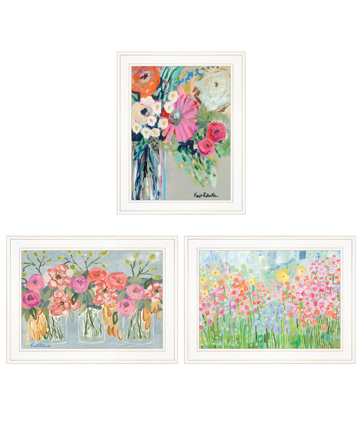 Set Of Three Garden Flowers White Grooved Frame Print Wall Art