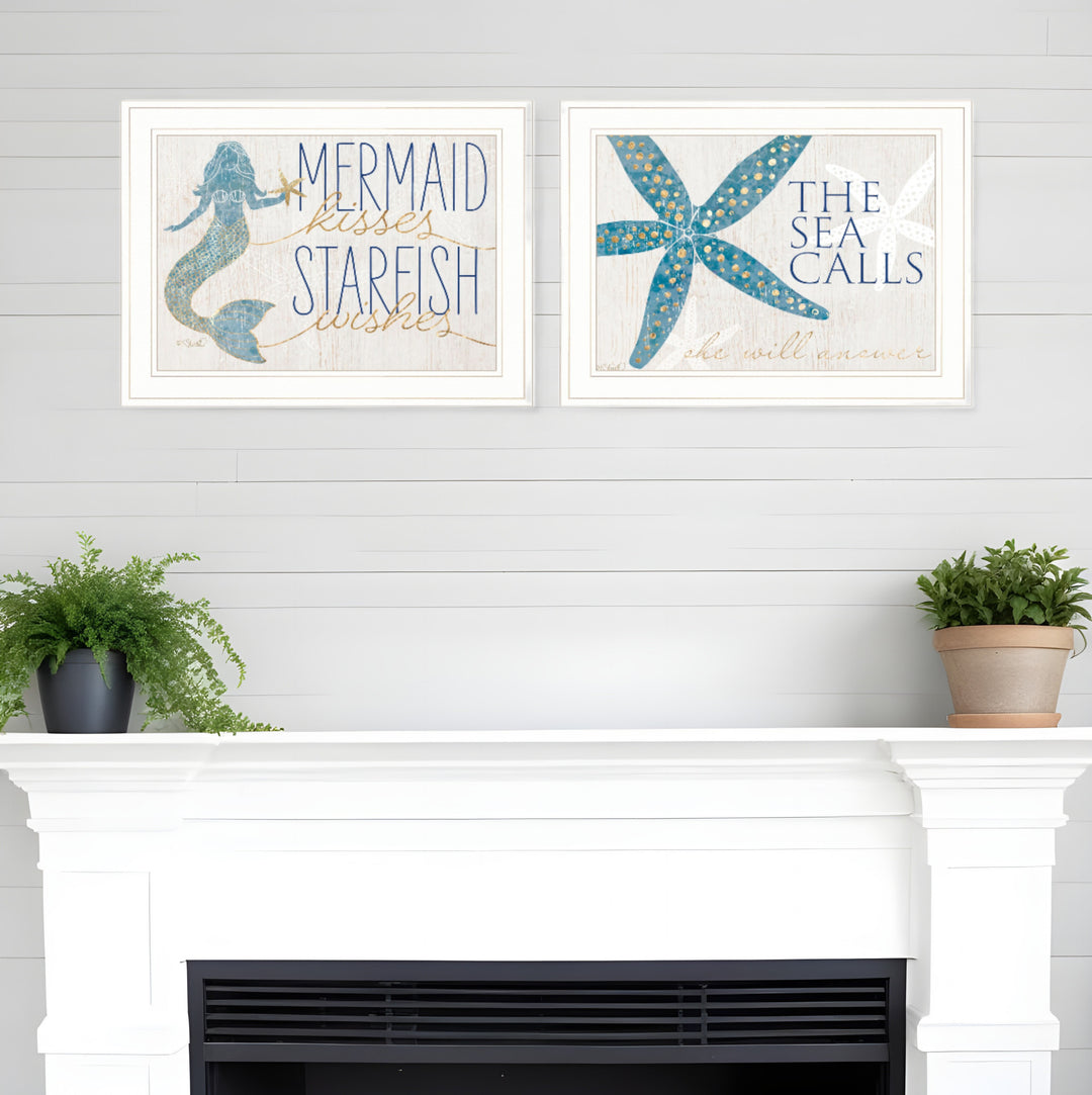 Set Of Two Mermaid Kisses Starfish Wishes 2 White Framed Print Wall Art