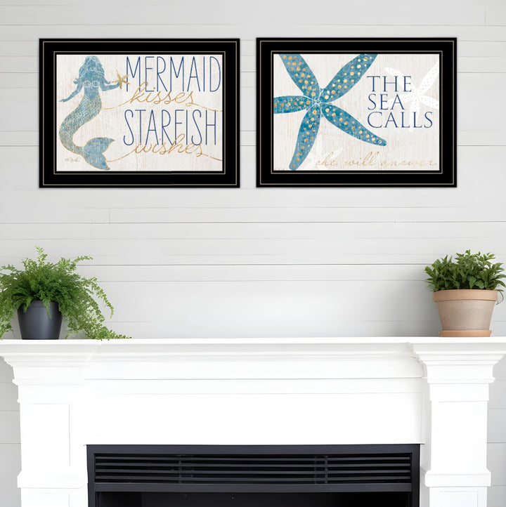 Set Of Two Mermaid Kisses Starfish Wishes 2 White Framed Print Wall Art