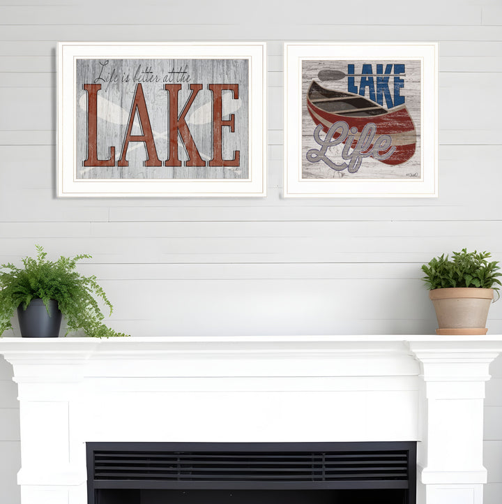 Set Of Two Lake Life is Better 1 White Framed Print Wall Art