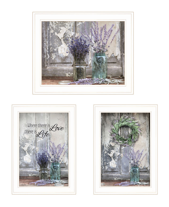 Set Of Three Love Life And Lavender White Framed Print Wall Art