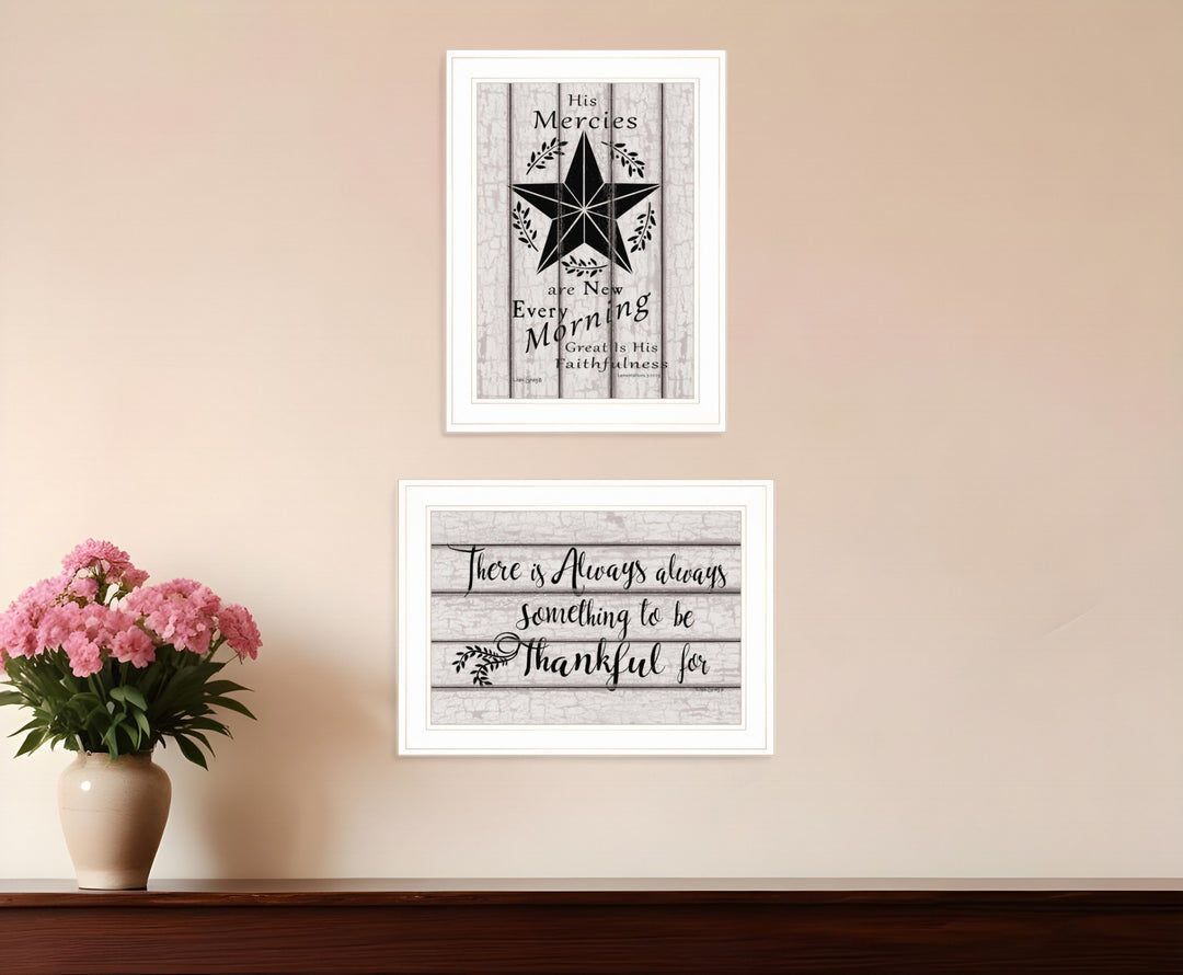 Set Of Two His Mercies and Thankful 1 White Framed Print Wall Art