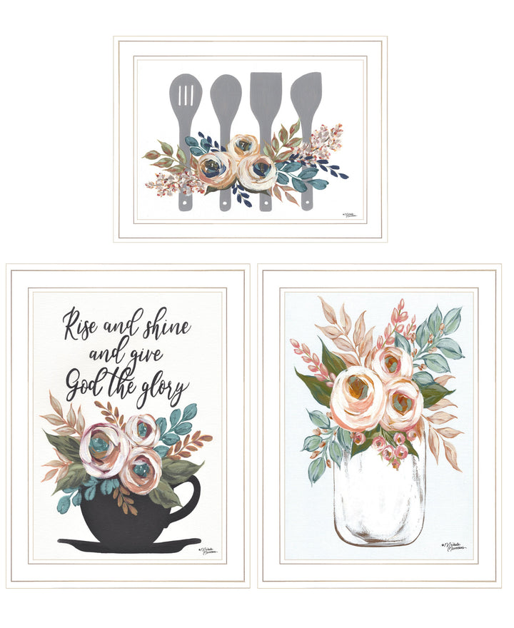 Set Of Three Rise and Shine White Framed Print Kitchen Wall Art