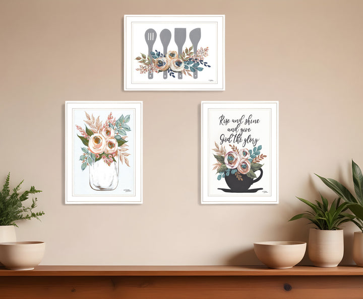 Set Of Three Rise and Shine White Framed Print Kitchen Wall Art