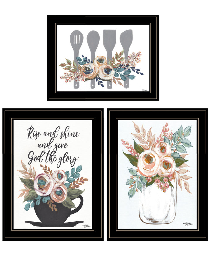 Set Of Three Rise and Shine Kitchen Black Framed Print Kitchen Wall Art