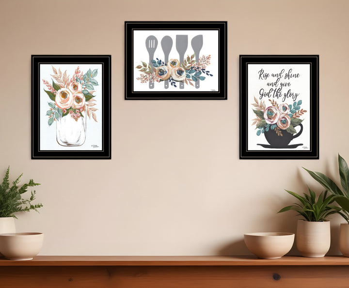 Set Of Three Rise and Shine Kitchen Black Framed Print Kitchen Wall Art