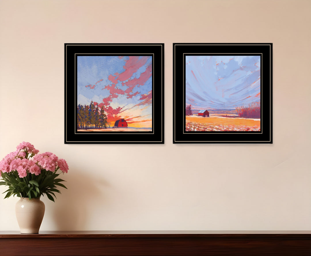 Set Of Two Scenic Landscapes With Barns Black Framed Print Wall Art